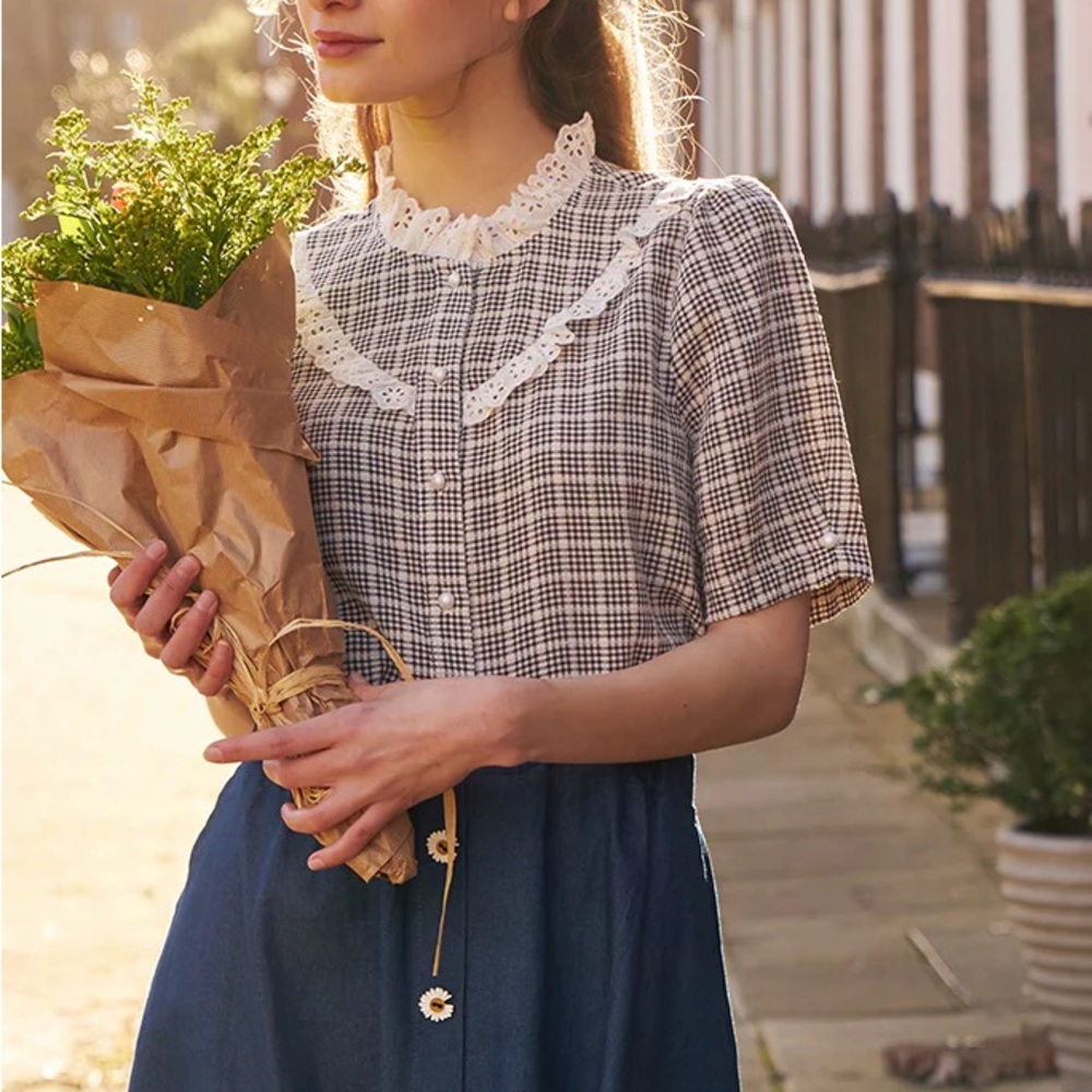 Miss Patina Blouse Gingham Lace Trim Blouse